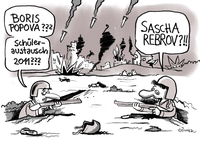 Zwei Soldaten liegen sich im Schützengraben gegenüber und gucken sich an. Der eine fragt "Boris Popova? Schüleraustausch 2011?" und der andere antwortet "Sascha Rebrov?"